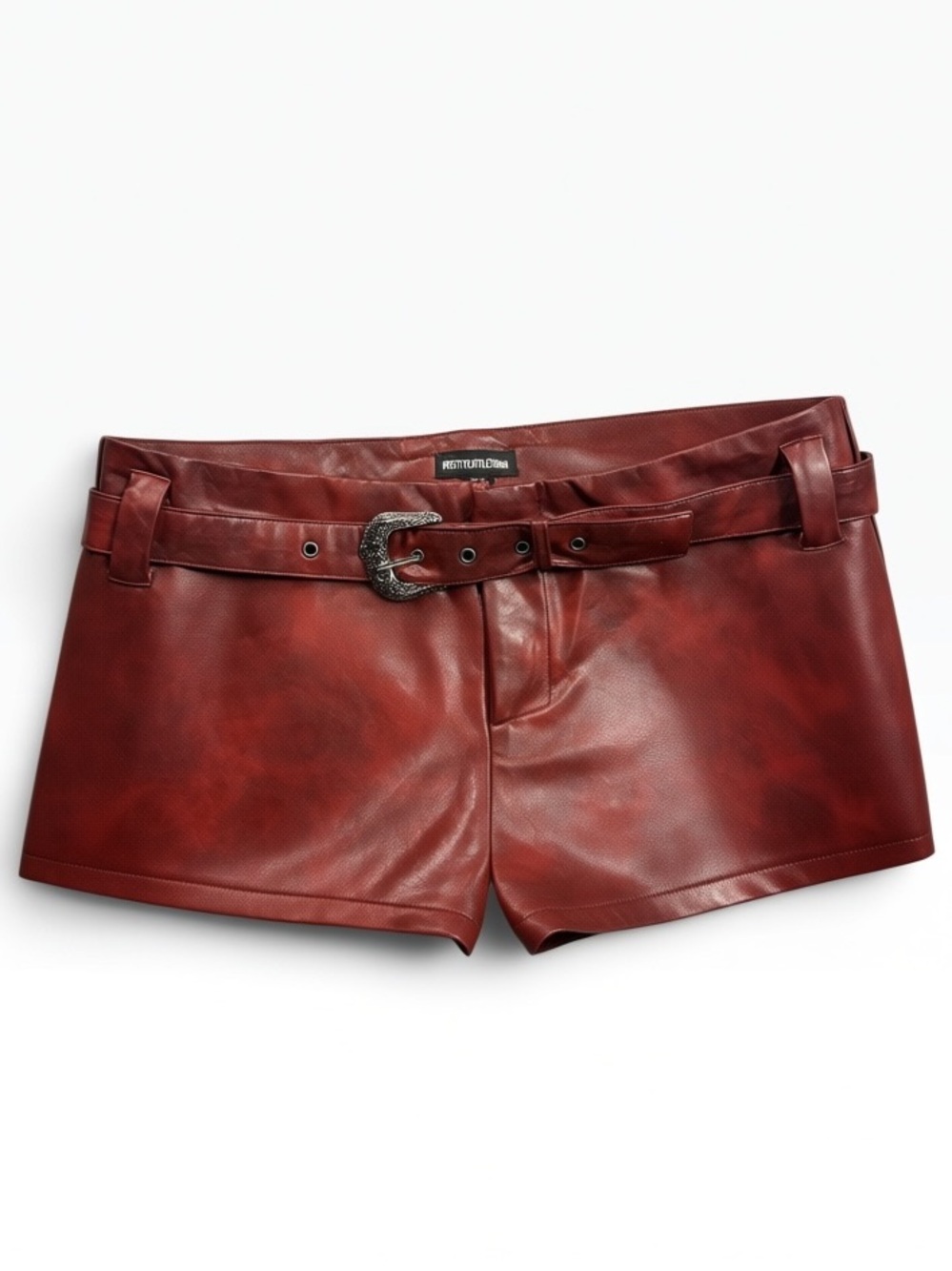 PrettyLittleThing Size 8 Burgundy Red Faux Leather Silver Belted Shorts